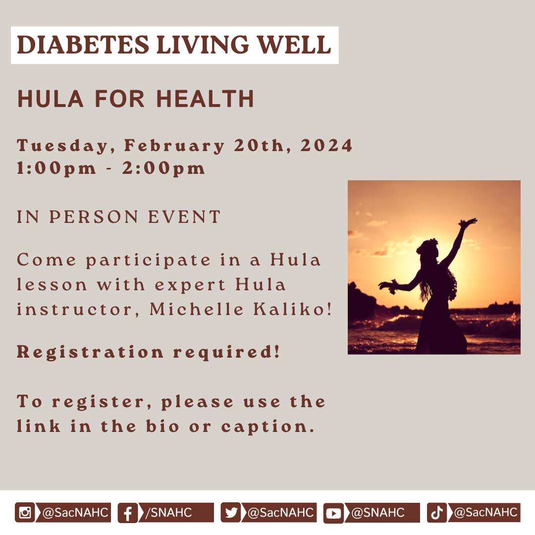 Hula for Health flyer taking place Tuesday, Feb. 20th from 1:00 - 2:00 pm. Registration is required.
