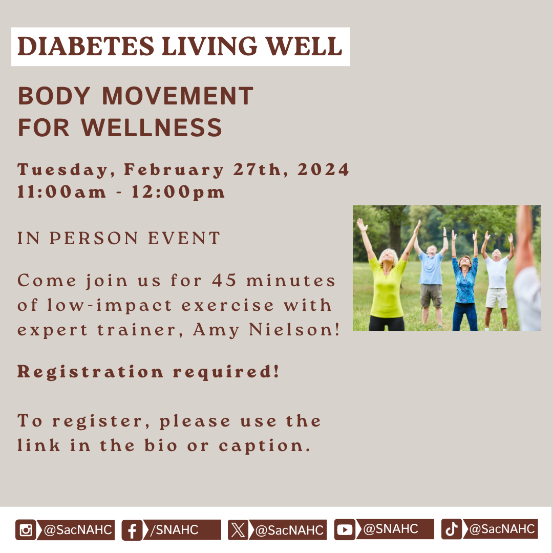 Diabetes Living Well flier for Body Movement taking place on Tuesday, February 27th from 11:pp am - 12:00 pm. Registration is required.