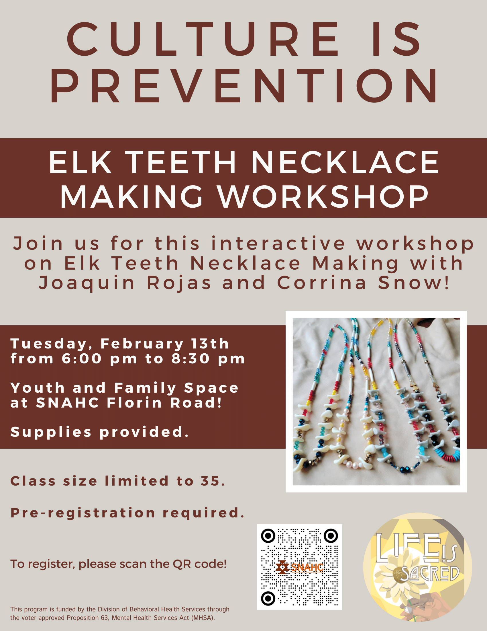 Elk teeth necklace making workshop flyer Taking place Tuesday, February 13th from 6:00 - 6:30 pm. Class size limited to 35 participants pre-registration is required.