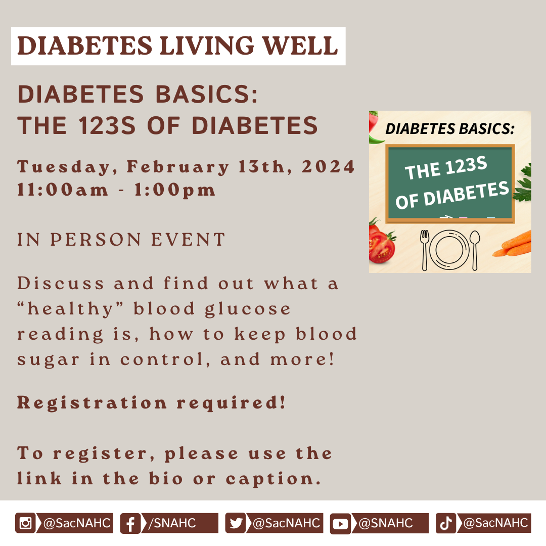 Diabetes Living Well flyer taking place next Tuesday, February 13th, from 11:00 am - 1:00 pm.