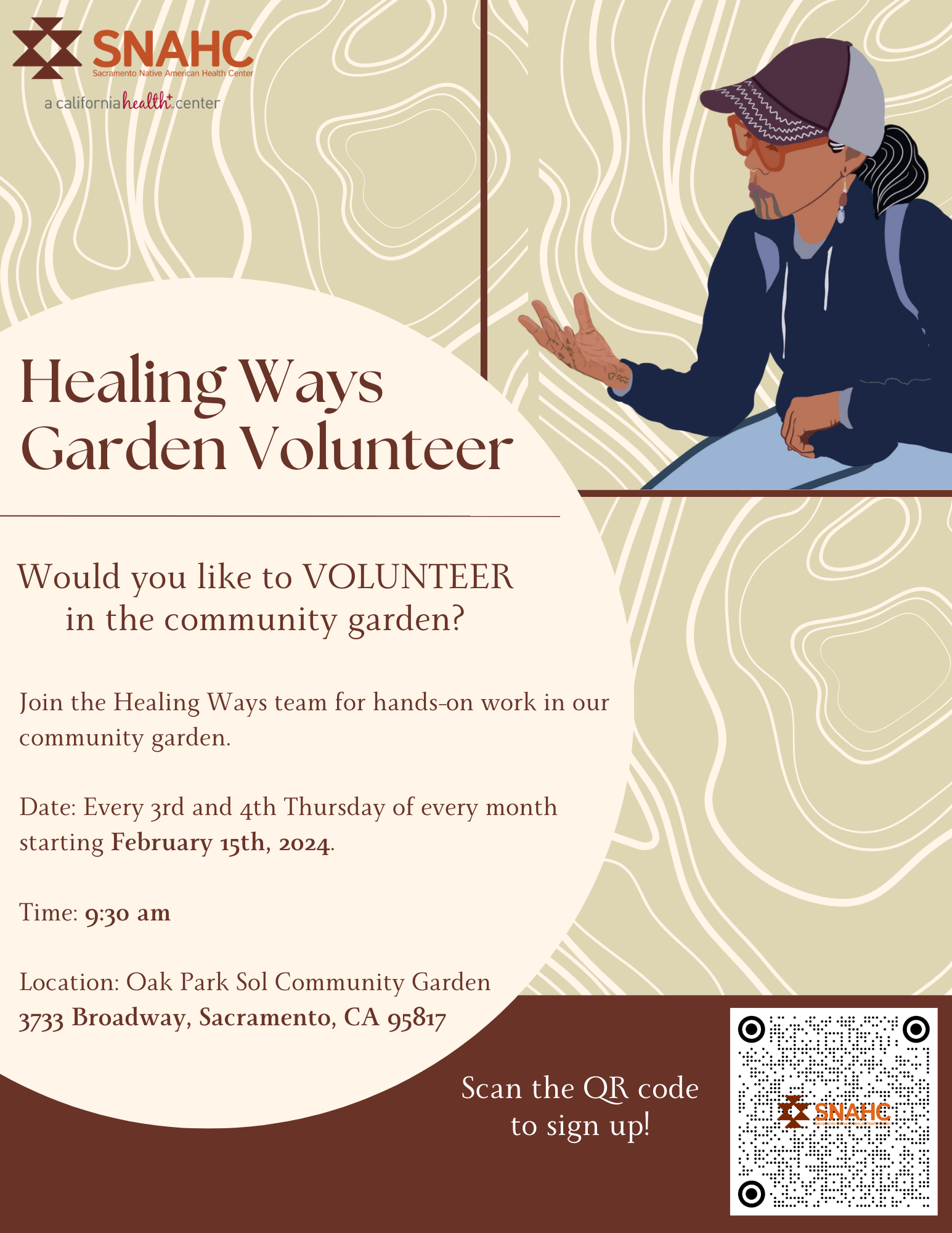 Garden Volunteer flyer taking place on February 15th and February 22nd at 9:30 am at Oak Park Sol Community Garden.